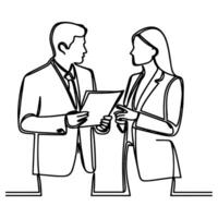 AI generated Business discussion of man and woman standing talking about document and holding document. continuous one line art drawing of business meeting with handshake vector