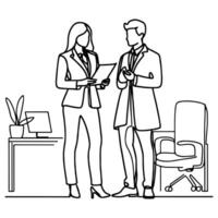 AI generated Business discussion of man and woman standing talking about document and holding document. continuous one line art drawing of business meeting with handshake vector