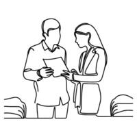 AI generated Business discussion of man and woman standing talking about document and holding document. continuous one line art drawing of business meeting with handshake vector