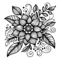 AI generated hand draw of beautiful floral ornament with leaves and abstract black lines monochrome Contour Flower. Floral Design Element vector