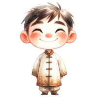 AI generated A delightful illustration of a young boy dressed in a traditional white Chinese outfit with intricate patterns, celebrating cultural heritage. png