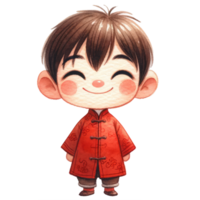 AI generated A delightful illustration of a young boy dressed in a traditional red Chinese outfit with intricate patterns, celebrating cultural heritage. png