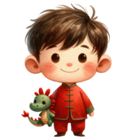 AI generated A delightful illustration of a young boy dressed in a traditional red Chinese outfit with intricate patterns, celebrating cultural heritage. png