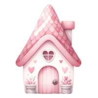 AI generated Watercolor illustration of an enchanting pink cottage adorned with love hearts, giving off a cozy, Valentine-themed vibe. png