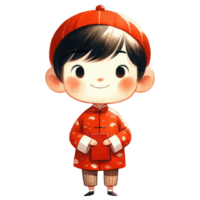 ai généré une délicieux illustration de une Jeune garçon habillé dans une traditionnel rouge chinois tenue avec complexe motifs, célébrer culturel patrimoine. png