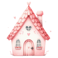 AI generated Watercolor illustration of an enchanting pink cottage adorned with love hearts, giving off a cozy, Valentine-themed vibe. png