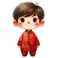 AI generated A delightful illustration of a young boy dressed in a traditional red Chinese outfit with intricate patterns, celebrating cultural heritage. png