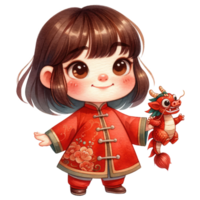 AI generated A delightful illustration of a young girl dressed in a traditional red Chinese outfit with intricate patterns, celebrating cultural heritage. png