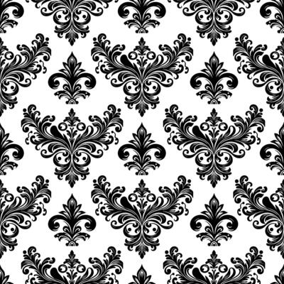 AI generated Damask Fabric textile seamless pattern Luxury decorative  Ornamental floral divider Black line vintage decoration element white Background