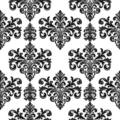 AI generated Damask Fabric textile seamless pattern Luxury decorative  Ornamental floral divider Black line vintage decoration element white Background