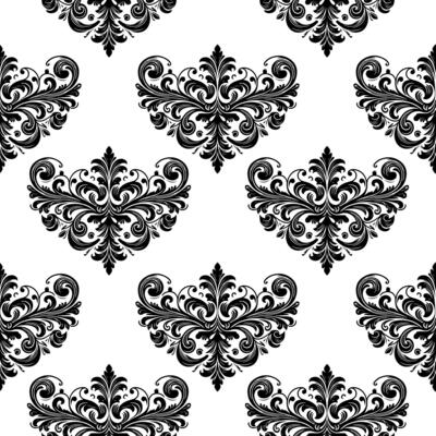 AI generated Damask Fabric textile seamless pattern Luxury decorative  Ornamental floral divider Black line vintage decoration element white Background
