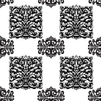 AI generated Damask Fabric textile seamless pattern Luxury decorative  Ornamental floral divider Black line vintage decoration element white Background
