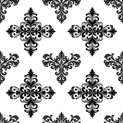 Damask Fabric textile seamless pattern Luxury decorative  Ornamental floral divider Black line vintage decoration element white Background. Curtain, carpet, wallpaper, clothing, wrapping, textile