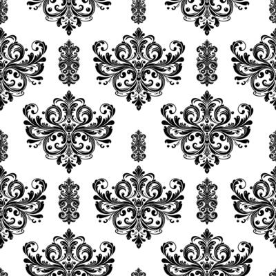 AI generated Damask Fabric textile seamless pattern Luxury decorative  Ornamental floral divider Black line vintage decoration element white Background