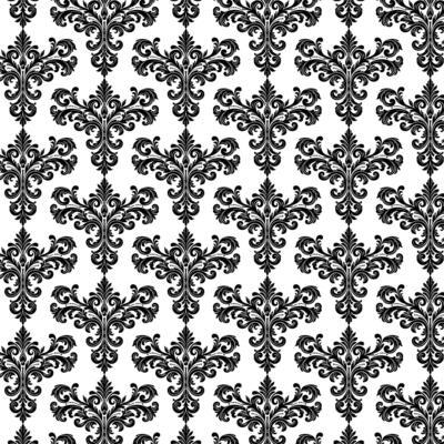 AI generated Damask Fabric textile seamless pattern Luxury decorative  Ornamental floral divider Black line vintage decoration element white Background