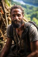 AI generated Portrait of a cheerful bearded traveler with a backpack against the background of nature. Guinea photo