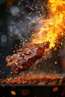 AI generated A hearty steak on fire, sizzling on a hot grill photo