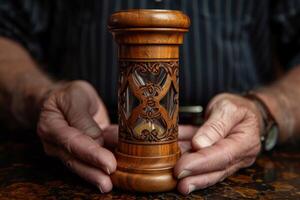 AI generated Stylish hourglass in hand. Sand running in an hourglass, measuring the countdown time on a dark background photo