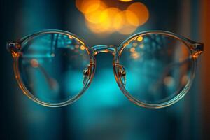 AI generated Glasses lying on the table. The concept of good eyesight photo