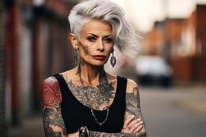 ai generado un maduro fuerte mujer con gris pelo y tatuajes en el antecedentes de un ciudad calle foto