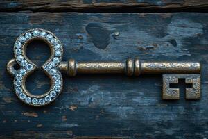 AI generated An old designer key with a lock decoration lies on a wooden background photo