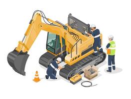 excavator backhole repair isometric Construction machine engineer maintenance team work service training concept vector