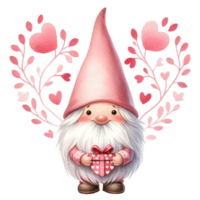 ai genererad en charmig illustration av en söt gnome med en rosa klänning i hjärtans dag. png