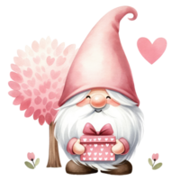 ai genererad en charmig illustration av en söt gnome med en rosa klänning i hjärtans dag. png