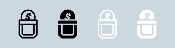 Pocket icon set in black and white. Savings wealth signs vector illustration.