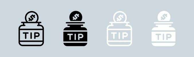 Tip jar icon set in black and white. Coin signs vector illustration.