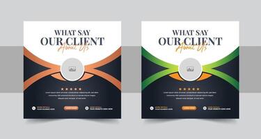 Client testimonial social media post design with creative shapes for website promotion. Client service review and rating layout vector with yellow and aqua colors. Customer feedback web banner