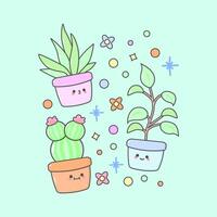 Vector Home Plant Pot Botanical Green with cute facial expressions and pastel colour