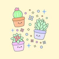Vector Plant Pot Cactus Flower with cute facial expressions and pastel colour