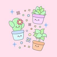 Vector Home Plant Pot Botanical Cactus with cute facial expressions and pastel colour
