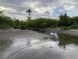 Filipinas el río fluido abajo desde el montañas fluye dentro el mar en el costas de contaminación con el plastico y otro basura ecología foto