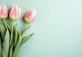 AI generated Minimalist background with tulips in spring colors for invitation card. Wedding, Mother's Day, Valentine's Day or other events photo