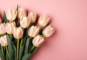AI generated Minimalist background with tulips in spring colors for invitation card. Wedding, Mother's Day, Valentine's Day or other events photo
