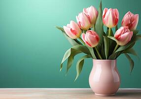 AI generated Minimalist background with tulips in spring colors for invitation card. Wedding, Mother's Day, Valentine's Day or other events photo