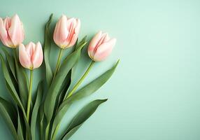 AI generated Minimalist background with tulips in spring colors for invitation card. Wedding, Mother's Day, Valentine's Day or other events photo