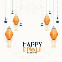 happy diwali lamps and diya decoration background vector