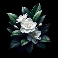 AI generated Gardenia isolated on black background. Flowers and plants in spring. photo