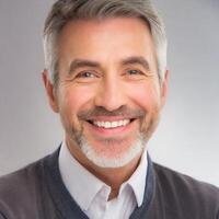 AI generated Mature man smiling with open healthy smile, health care concept, dental care photo