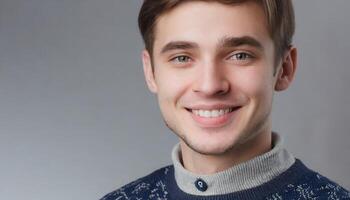 ai generado retrato de joven hombre con sano dientes sonrisa, salud cuidado concepto foto