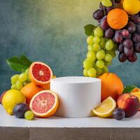 AI generated Mock up podium, a lot of citrus orange and lemon and peach and grape on background, morning light, mockup photo