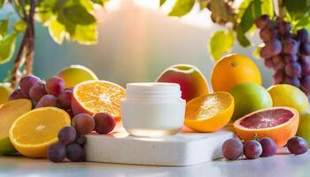 AI generated Cosmetic jar mockup on podium, fruits and berries on background, beauty concept, cream mock up photo