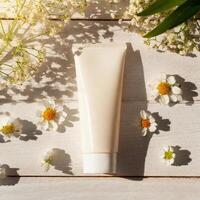 AI generated Mockup cosmetic cream tube on wooden table with tiny flowers, mock up photo