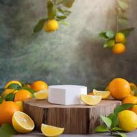 AI generated Mock up podium, a lot of citrus orange and lemon and peach and grape on background, morning light, mockup photo