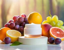 AI generated Cosmetic jar mockup on podium, fruits and berries on background, beauty concept, cream mock up photo