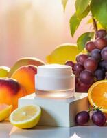 AI generated Cosmetic jar mockup on podium, fruits and berries on background, beauty concept, cream mock up photo