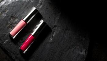 AI generated Lipstick gloss mockup on grange stone background, cosmetic mock up photo